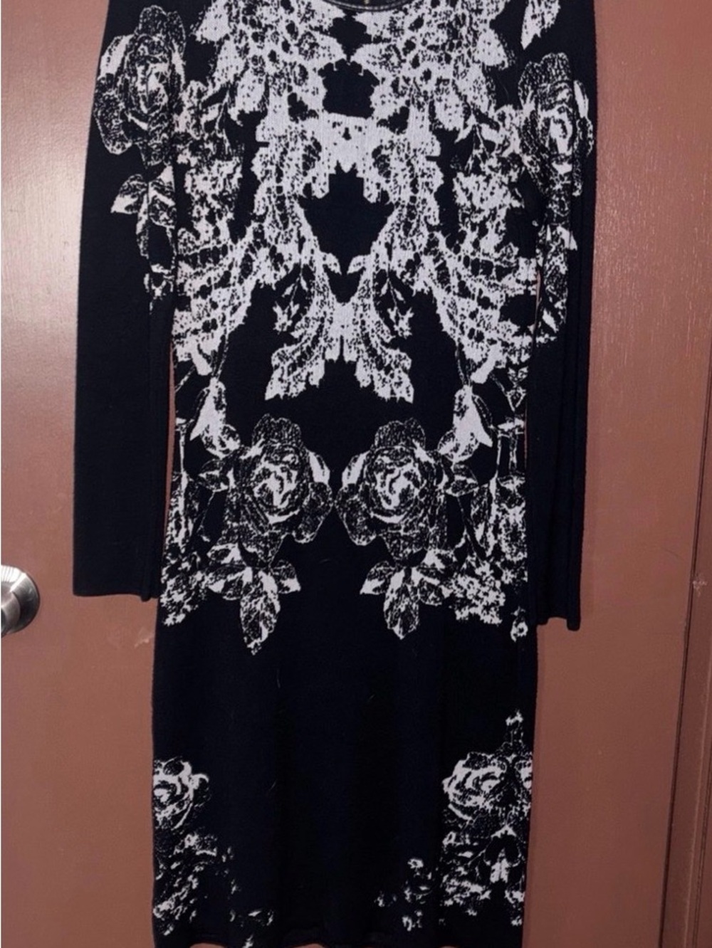INC International Concepts Black and White Floral Knit Long-Sleeve Dress